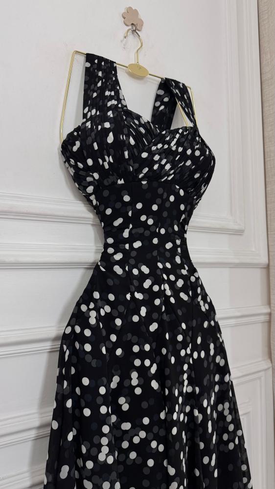 Evening dress black fabric Georgette dotted and lining