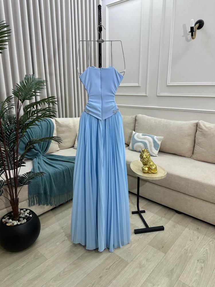 Evening dress blue fabric Georgette first grade Korean with elegant embroidery
