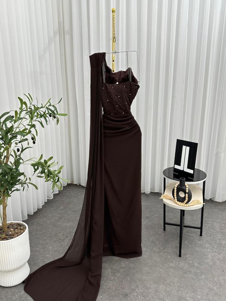 Brown dress with georgette fabric and hand embroidery