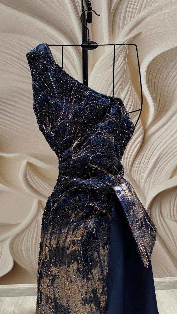 Evening dress navy blue fabric jacquard embroidery cost tail Barbie flared
