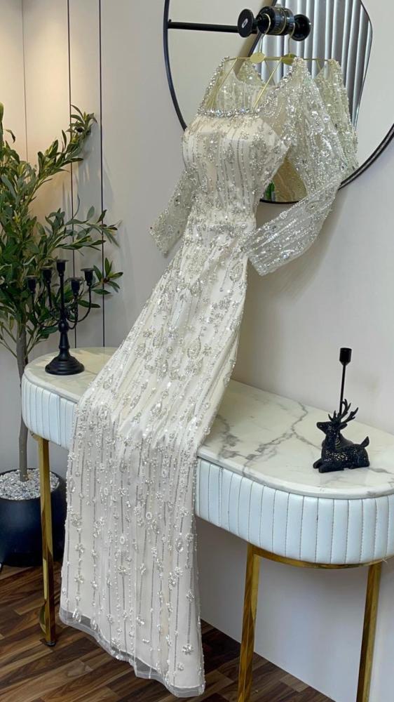 Evening dress beige fabric embroidered velvet and beads