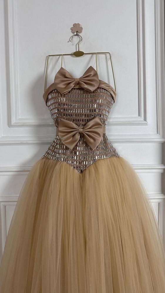 Evening dress beige fabric velvet crystal + velvet layered lining crumbled