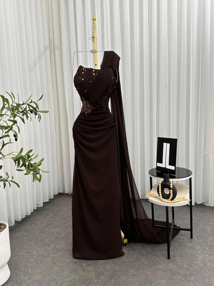 Brown dress with georgette fabric and hand embroidery