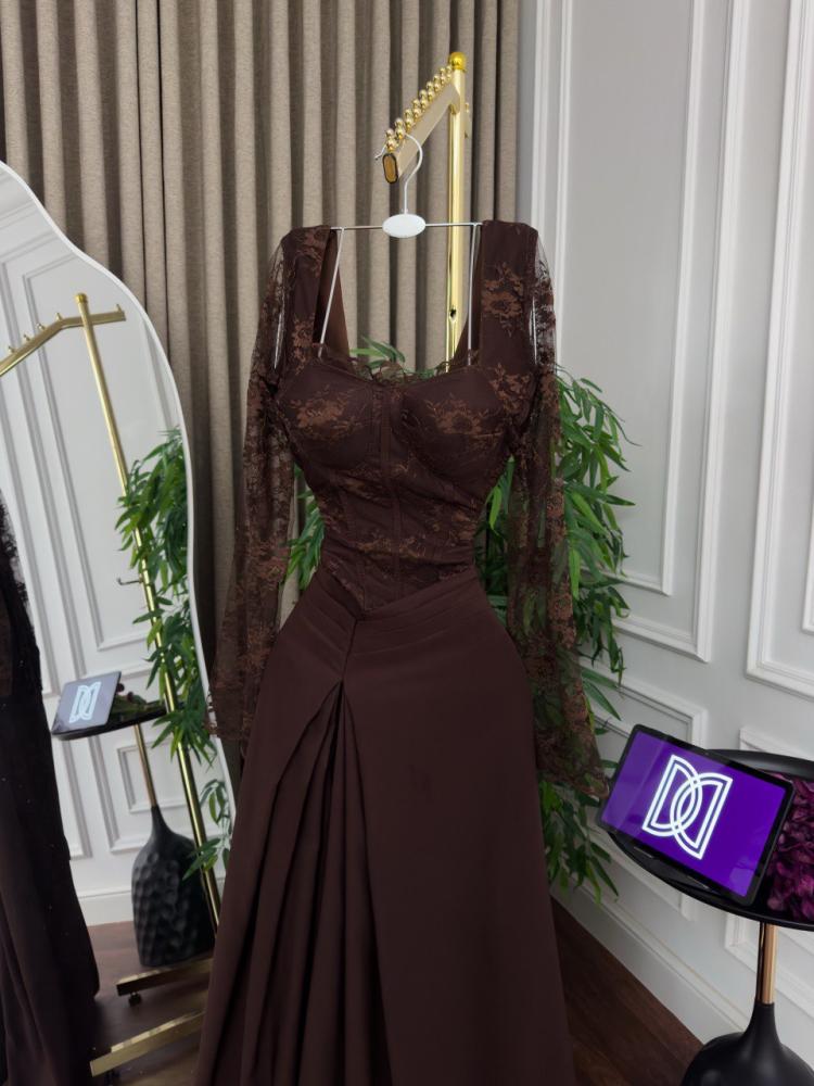 Evening dress brown with Barbie fabric and lace and full