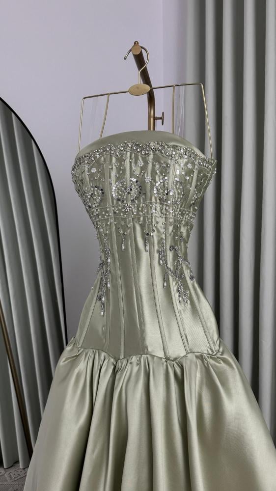 Evening dress olive green fabric microado and hand embroidery