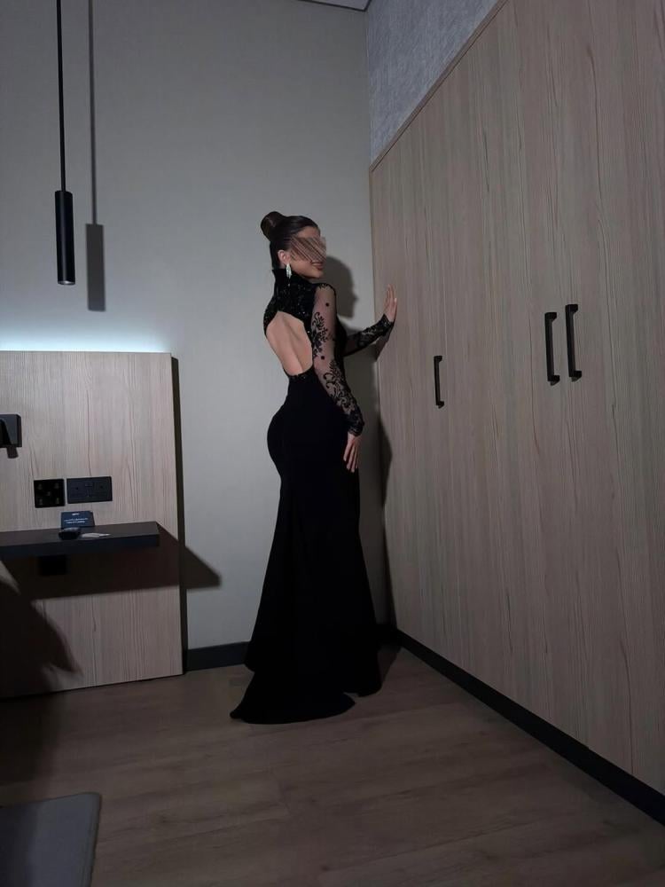 فستان سهرة أسود الخامة خامة عبايه +ترتر مقلم +دانتيل مطرز للمناسبات والأعراس