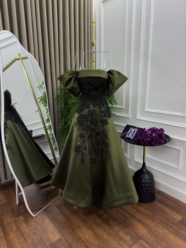 Evening dress olive-colored - Micado embroidery with a midi hem