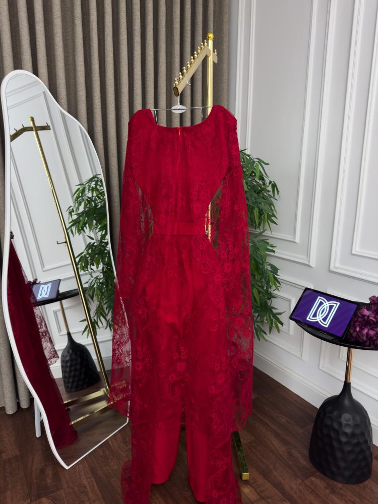 Red overall dress, material Barbie lace, hand embroidery