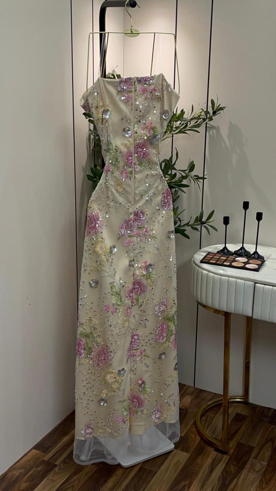 Evening dress, fabric مورد, beads, lining, Barbie long, short, lining