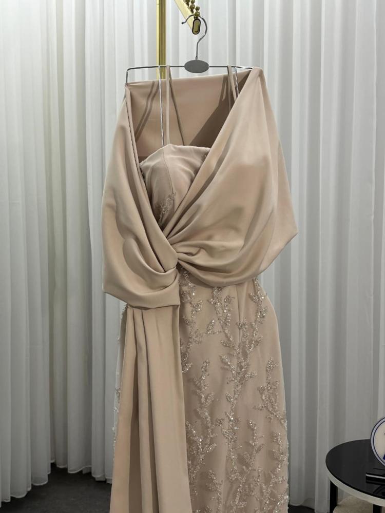 Evening dress beige material Barbie embroidered and sequined