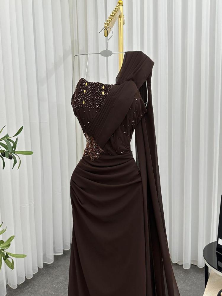 Brown dress with georgette fabric and hand embroidery