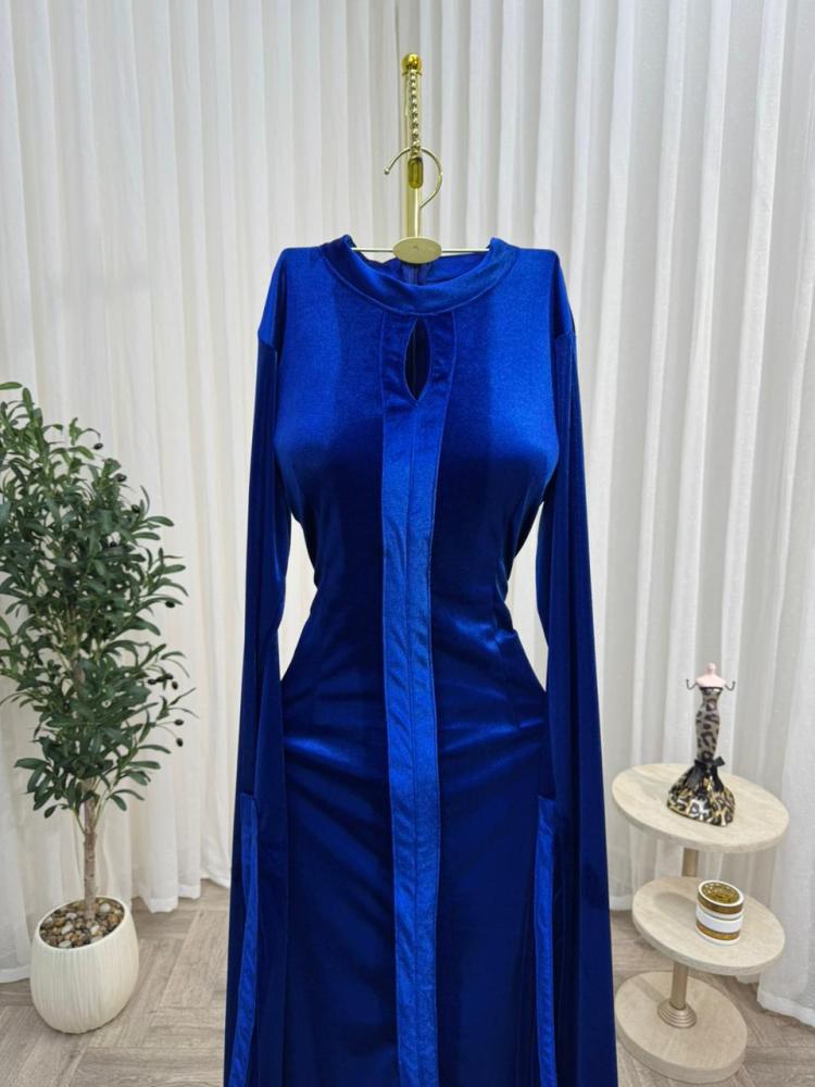 Evening dress blue fabric velvet with Indian fringe