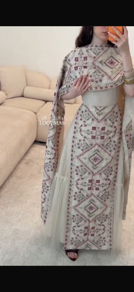 Evening gown beige with Najdi pattern, fabric nylon, computer embroidery, elegant + tulle