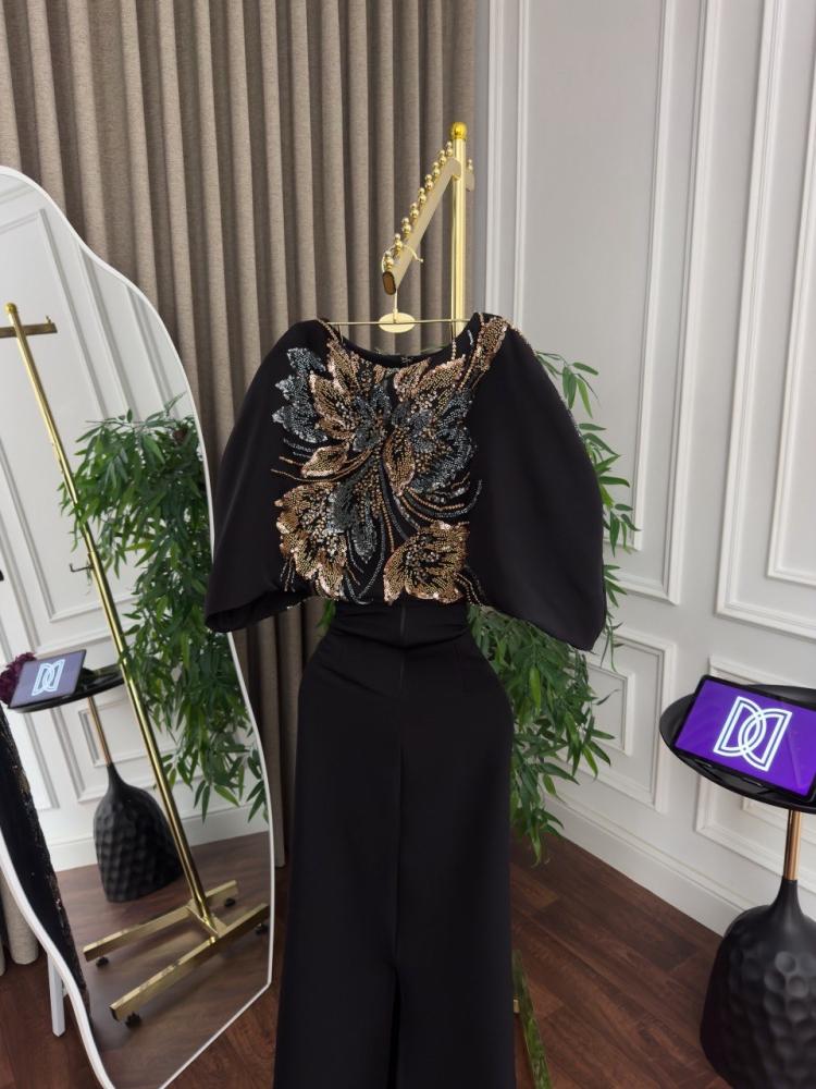 Black evening dress, fabric is barli, embroidered decoration