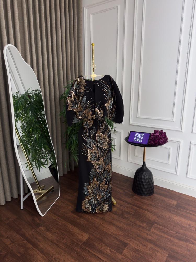 Black evening dress, fabric is barli, embroidered decoration