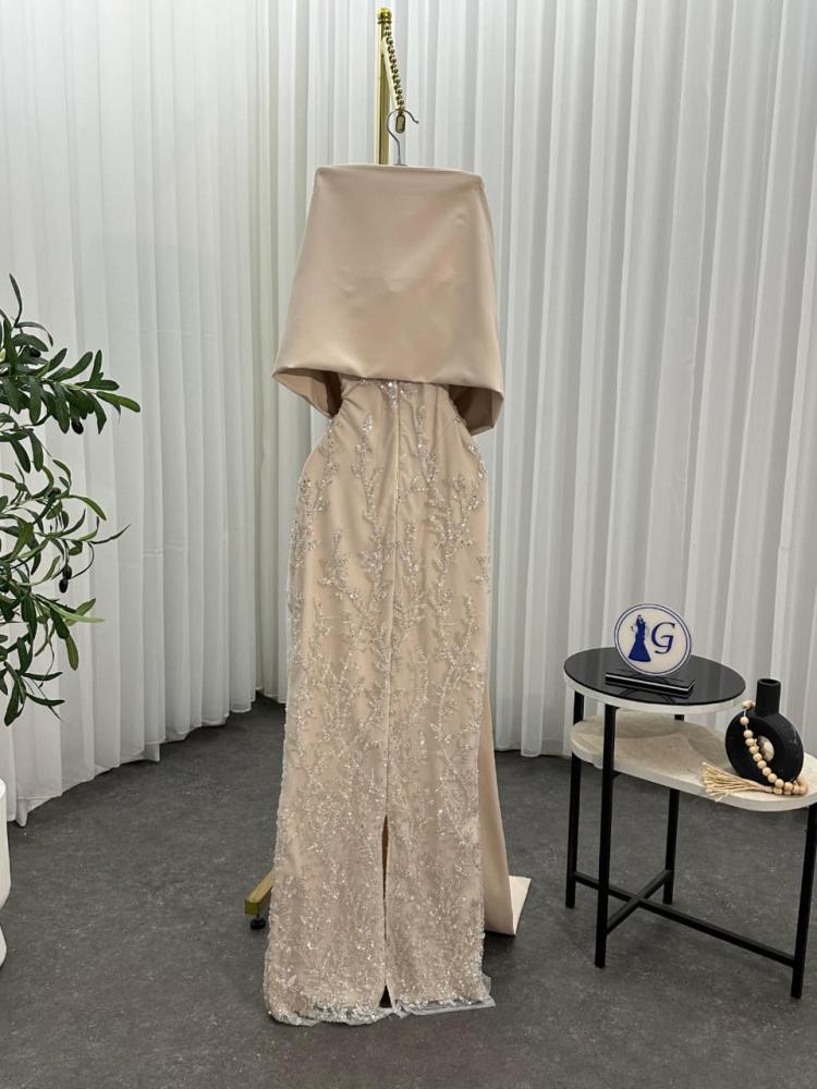 Evening dress beige material Barbie embroidered and sequined