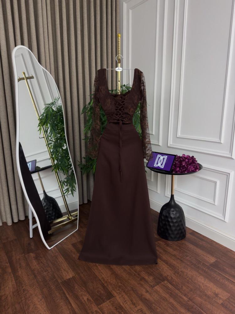 Evening dress brown with Barbie fabric and lace and full