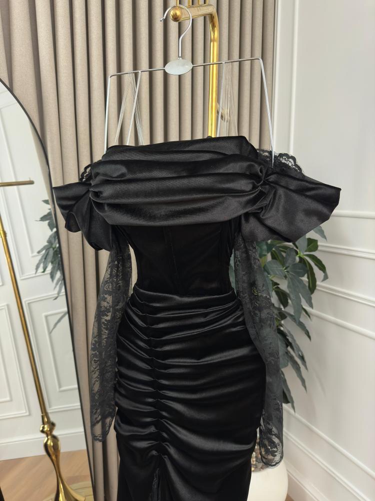 Evening dress black - Korean velvet fabric with black lace
