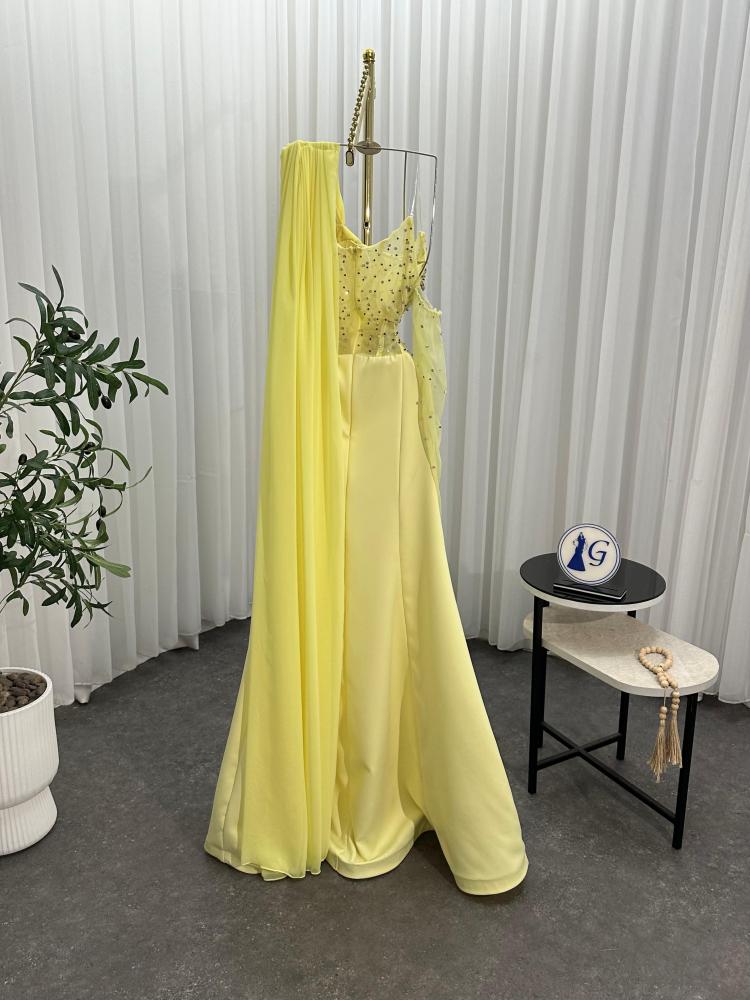 Evening dress yellow material. Barbie + chiffon georgette + hand embroidery فر