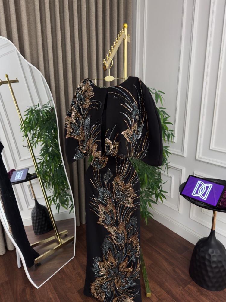 Black evening dress, fabric is barli, embroidered decoration