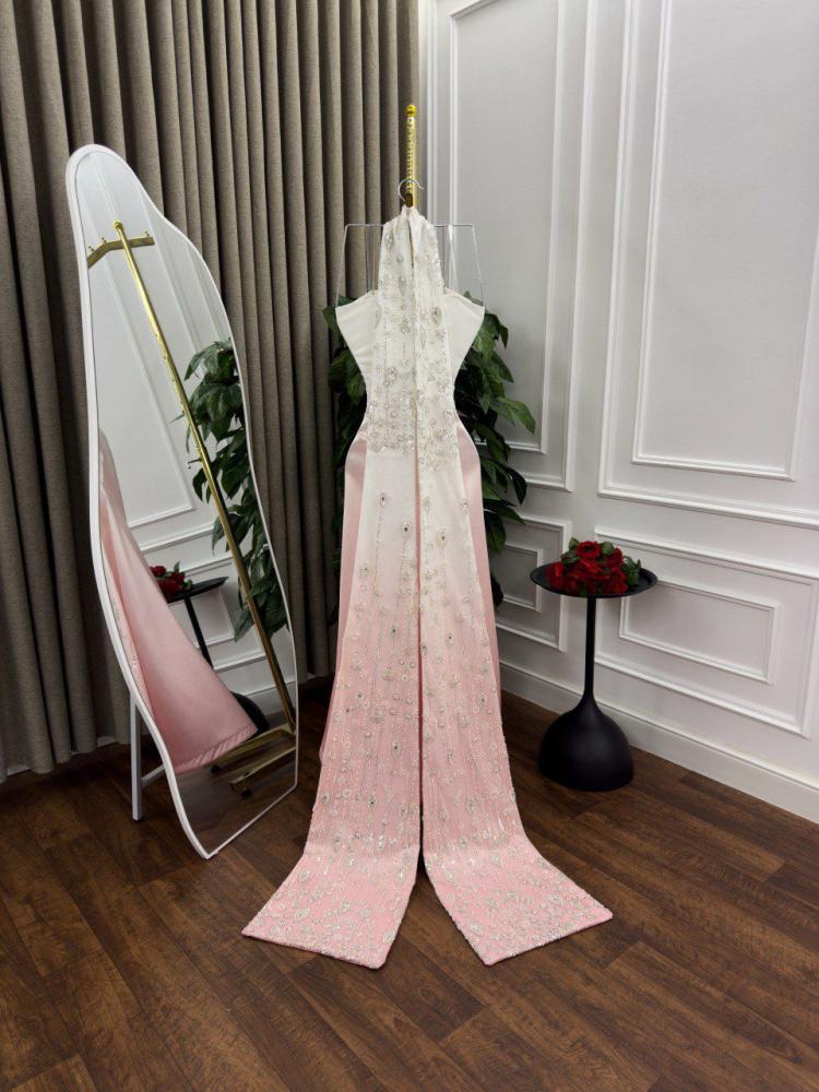 Evening dress pink and white, Mikado Russian fabric, with bead embroidery