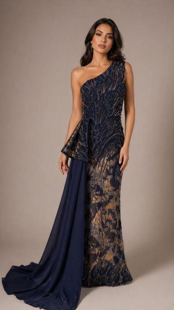 Evening dress navy blue fabric jacquard embroidery cost tail Barbie flared