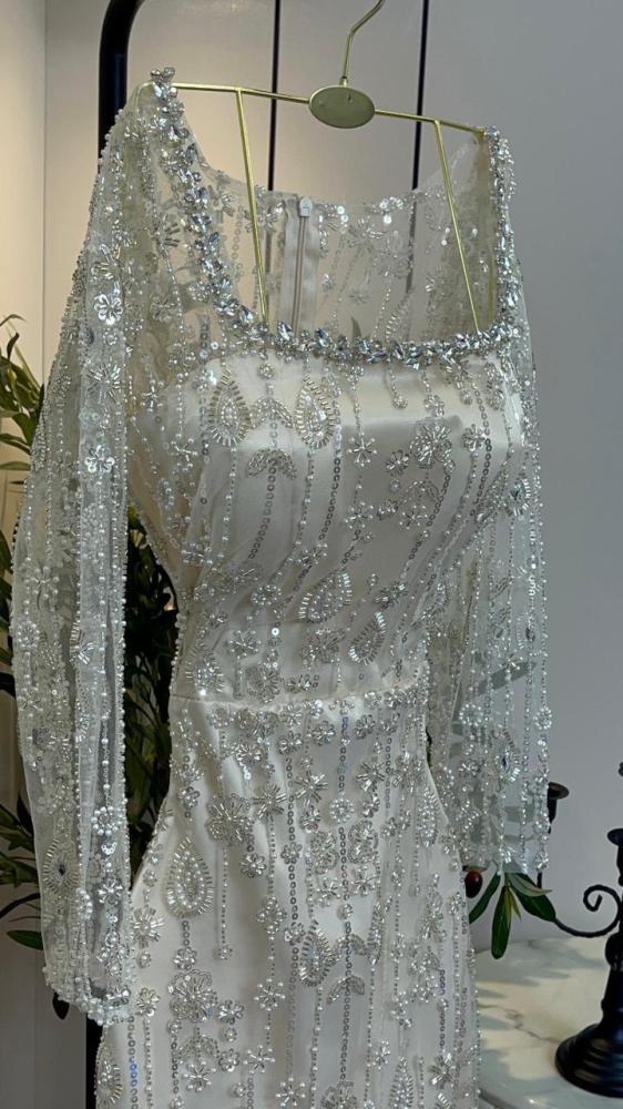 Evening dress beige fabric embroidered velvet and beads