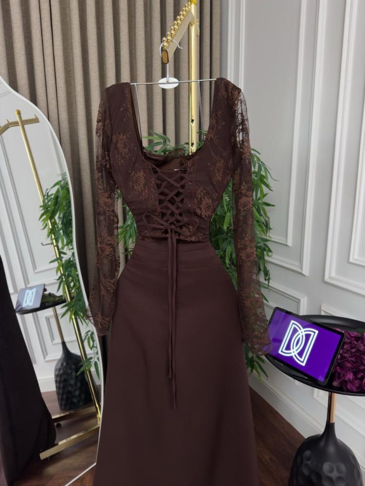 Evening dress brown with Barbie fabric and lace and full
