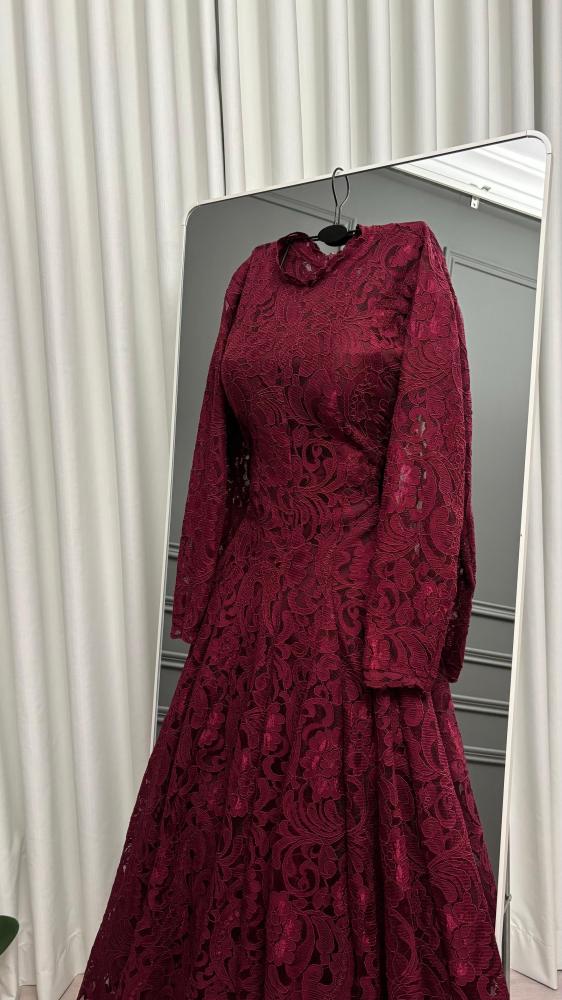 Evening dress, coral, fabric, French lace