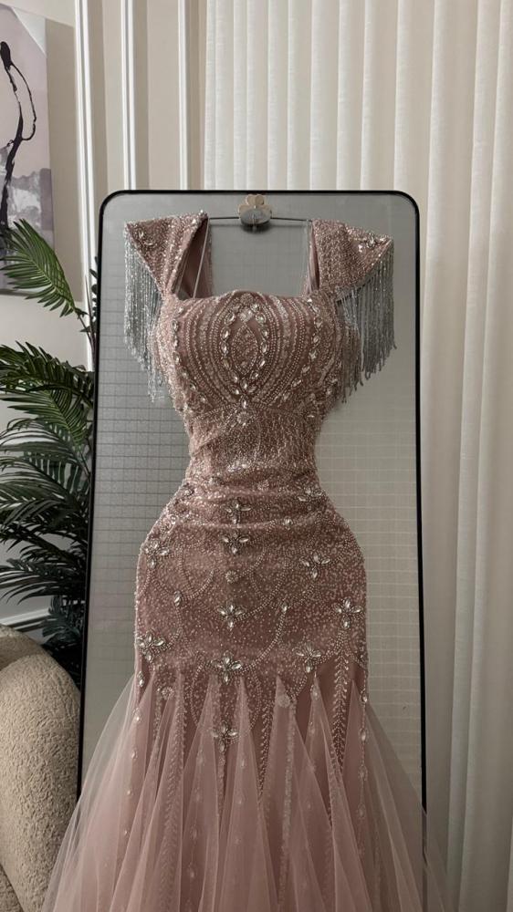 Evening dress pink fabric |Tulle crystal and beads lining tulle + fringe + tulle