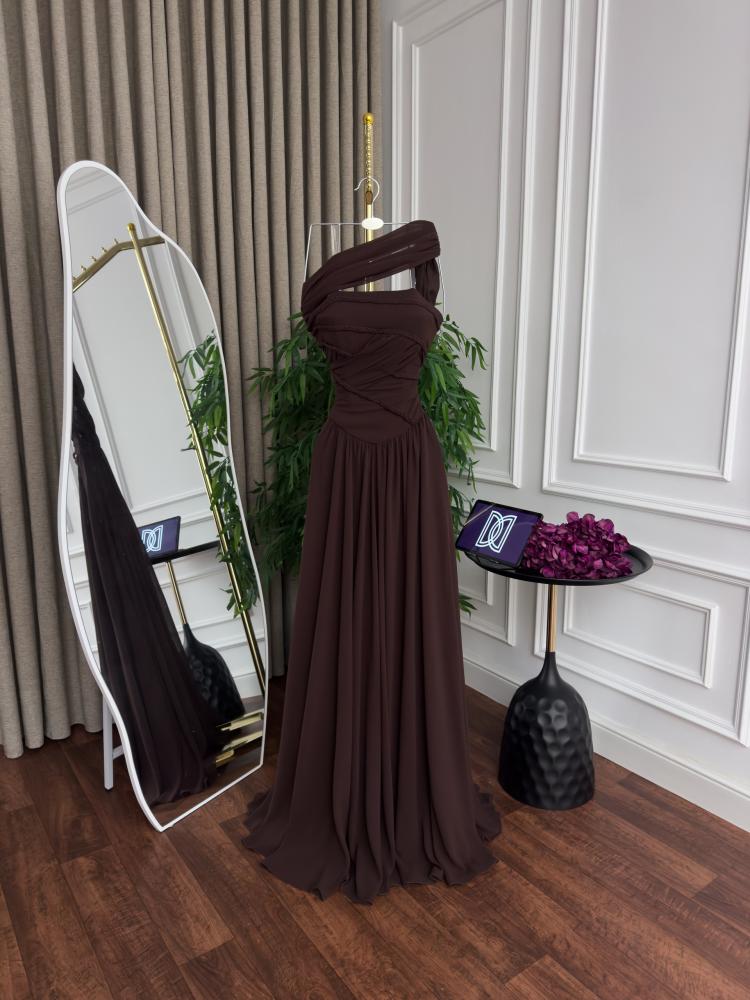 Evening dress brown chiffon double circle
