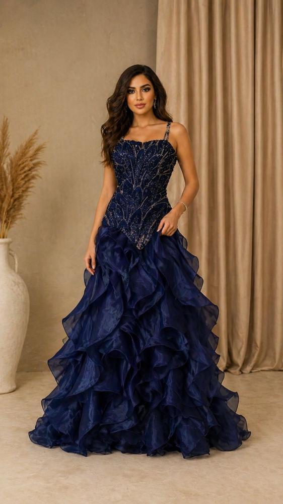 Evening dress navy blue fabric cost embroidery flared double Jazza