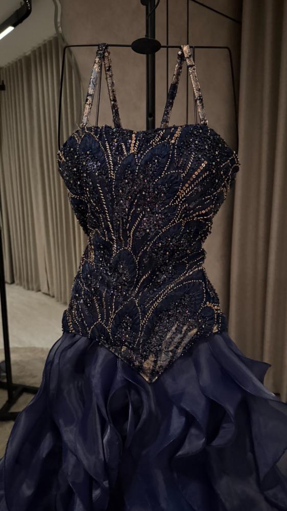 Evening dress navy blue fabric cost embroidery flared double Jazza