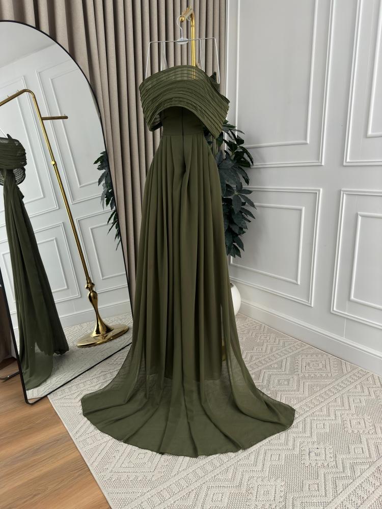 Evening dress olive green Georgette embroidered