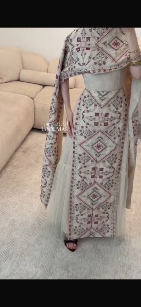 Evening gown beige with Najdi pattern, fabric nylon, computer embroidery, elegant + tulle
