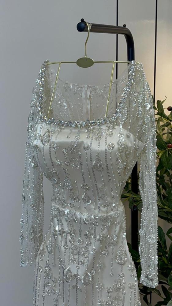 Evening dress beige fabric embroidered velvet and beads