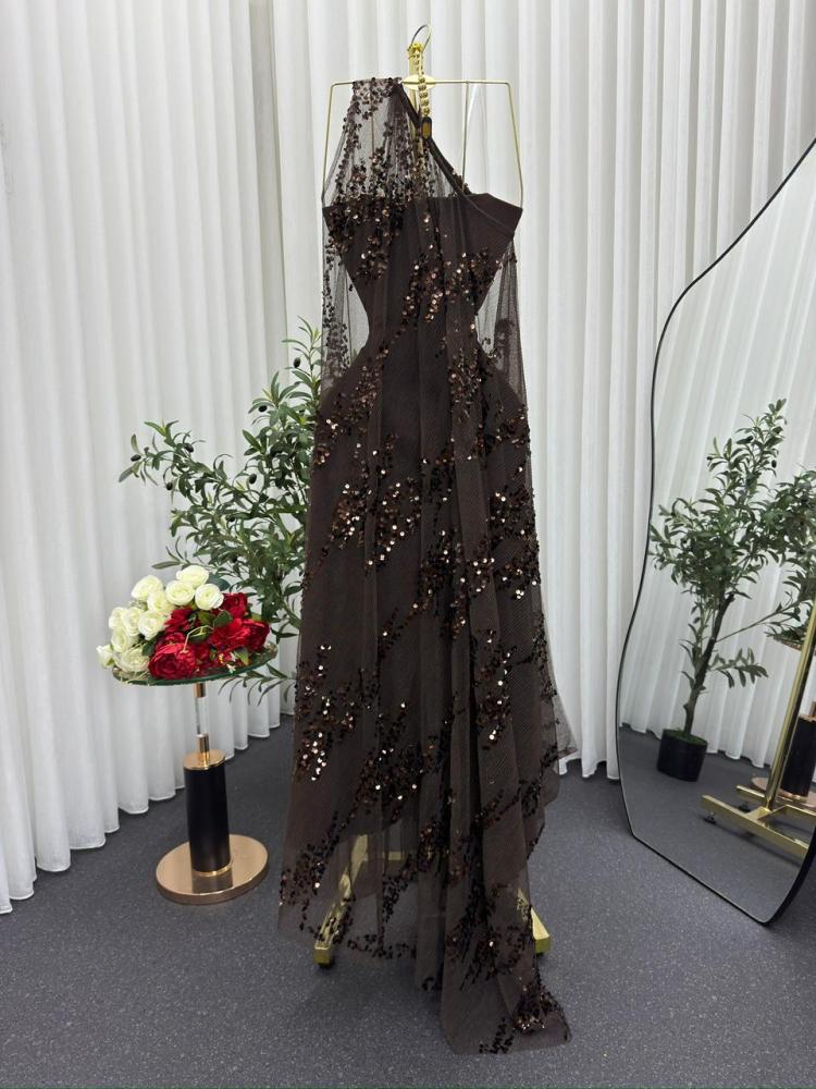 Evening dress brown fabric Barbie and beads