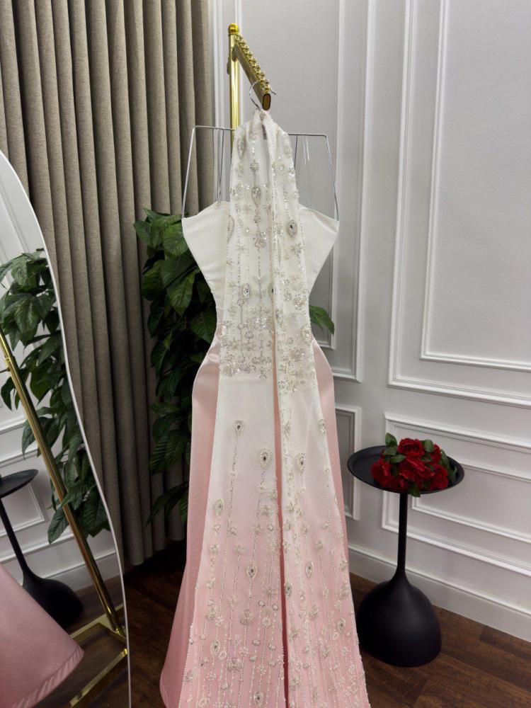 Evening dress pink and white, Mikado Russian fabric, with bead embroidery