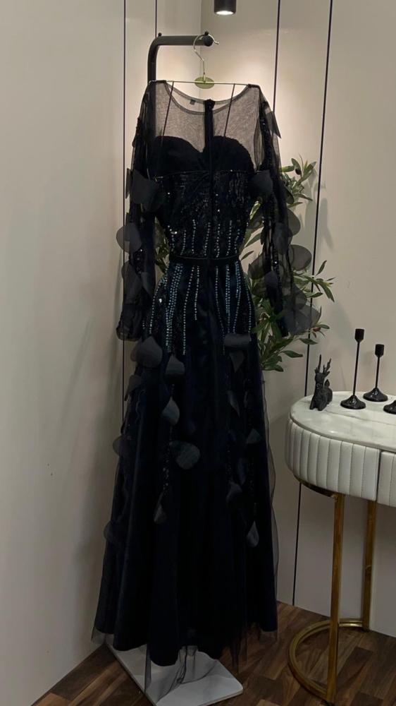 Black evening dress, raw material, embroidered tulle, and beads