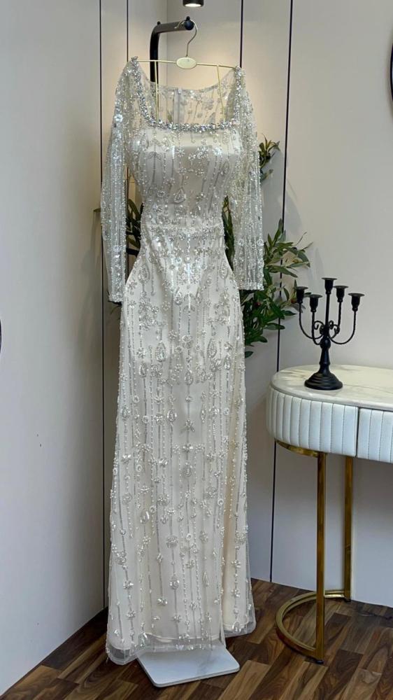 Evening dress beige fabric embroidered velvet and beads