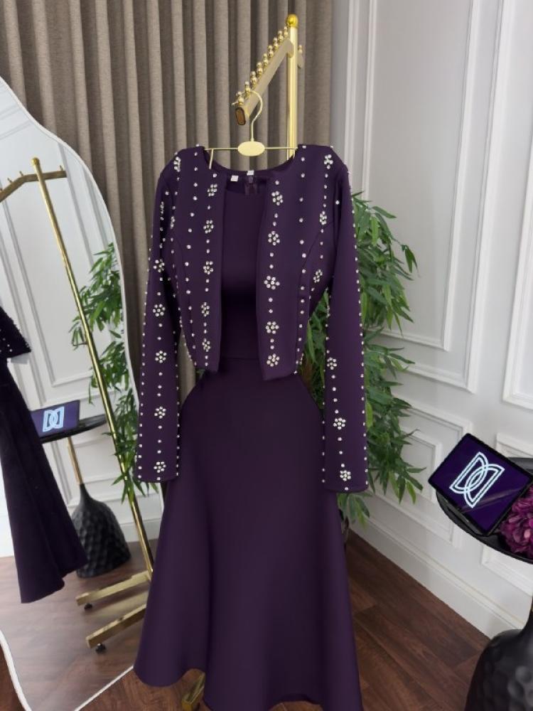 Evening dress purple midi soft fabric embroidery little zircon