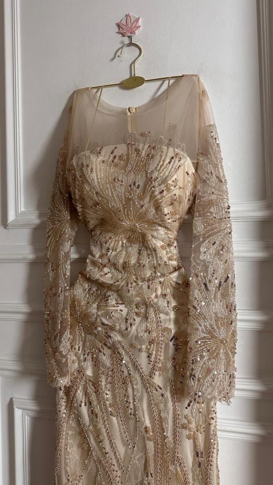 Evening dress gold material bead embroidery lining tears