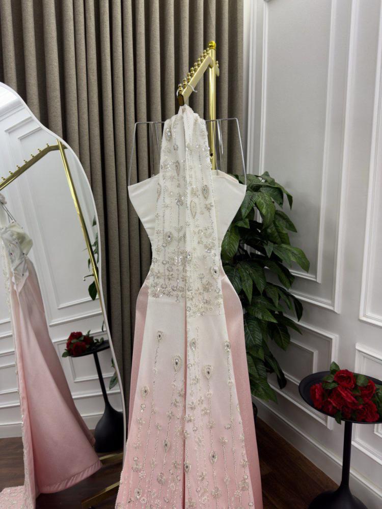 Evening dress pink and white, Mikado Russian fabric, with bead embroidery
