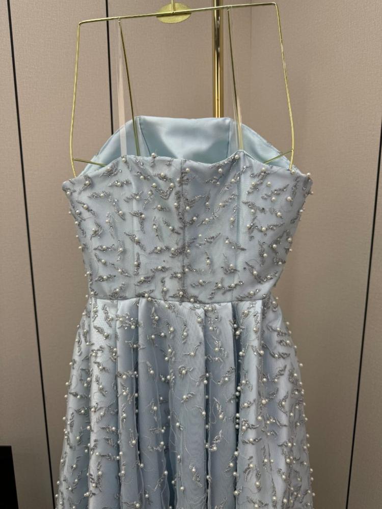Blue evening dress Mikado embroidery computer and Loul