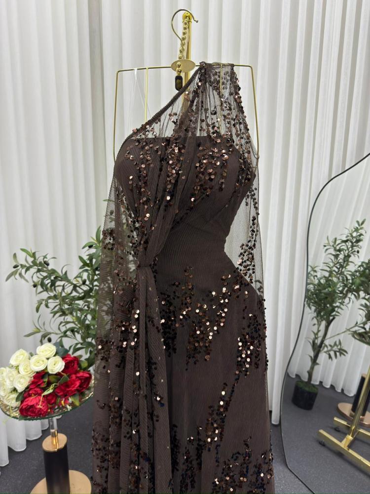 Evening dress brown fabric Barbie and beads