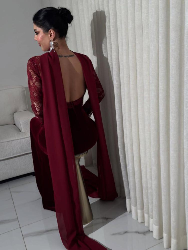 Evening dress with a glossy fabric | Korean velvet, with lace bust and sleeves + georgette shawl