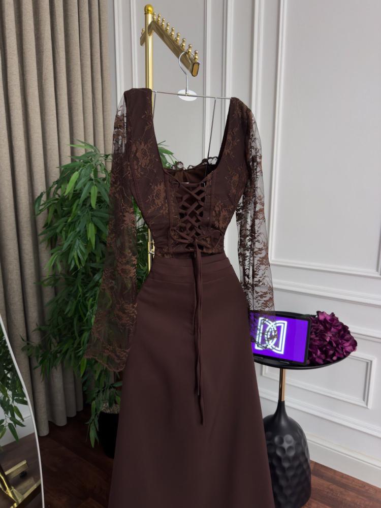 Evening dress brown with Barbie fabric and lace and full