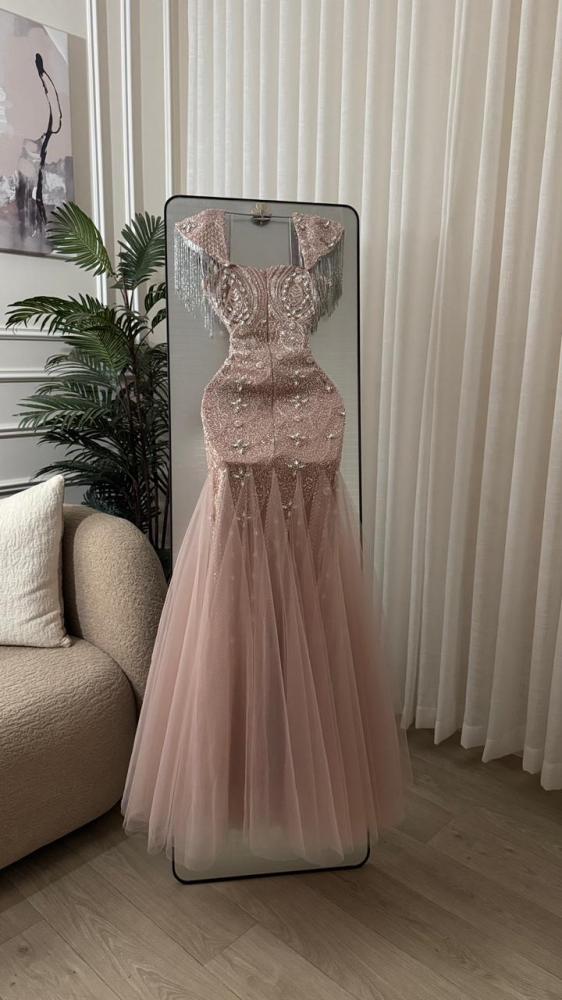 Evening dress pink fabric |Tulle crystal and beads lining tulle + fringe + tulle