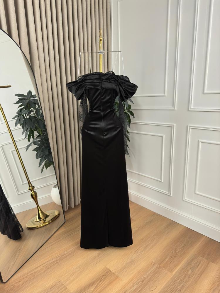 Evening dress black - Korean velvet fabric with black lace