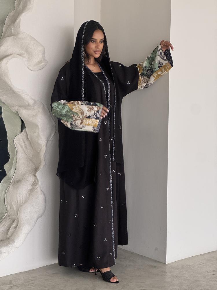 عباية سوداء لينن كريب مرايات